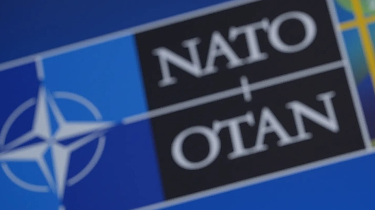 The NATO logo at a meeting of the alliance’s foreign ministers in Helsingborg, 22 May, 2026
