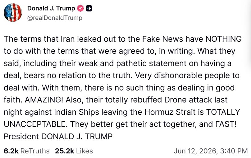 A screenshot of a post on US President Donald Trump's Truth Social account, 12 June, 2026