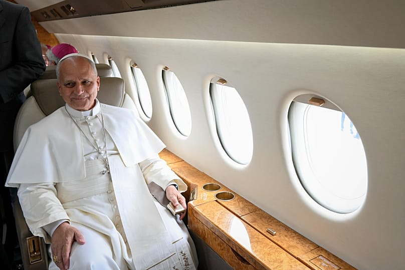 Pope Leo XIV sits inside the Spanish royal Falcon aircraft at Tenerife Norte-Los Rodeos International Airport, 12 June, 2026