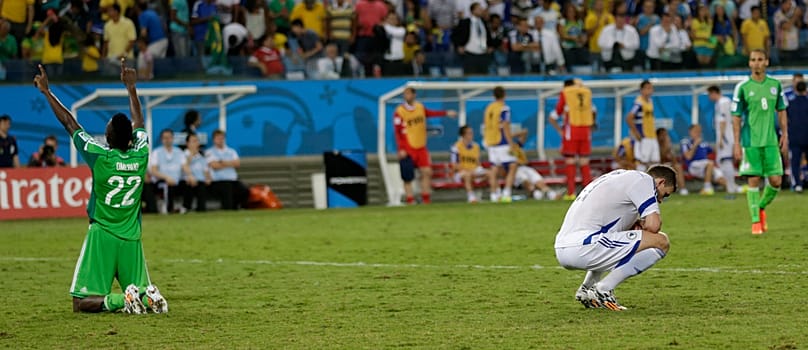 ARŞİV: Bosna’dan Edin Džeko, 21 Haziran 2014’te Brezilya’nın Cuiaba kentindeki Arena Pantanal’da oynanan Dünya Kupası F Grubu maçında Nijerya’ya yenildikten sonra tepki gösteriyor