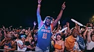 New York Knicks fans watch Game 5 of the NBA Finals basketball series against the San Antonio Spurs, Saturday, June 13, 2026, in New York.