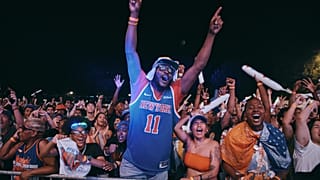 New York Knicks fans watch Game 5 of the NBA Finals basketball series against the San Antonio Spurs, Saturday, June 13, 2026, in New York.