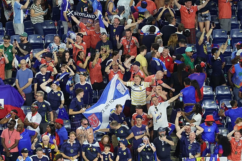 Supporters react after the World Cup Group C soccer match between Haiti and Scotland in Foxborough, Mass., near Boston, Saturday, 13 June 2026.