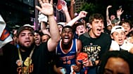 New York Knicks fans celebrate their victory after a watch party for Game 5 of the NBA Finals basketball series against the San Antonio Spurs