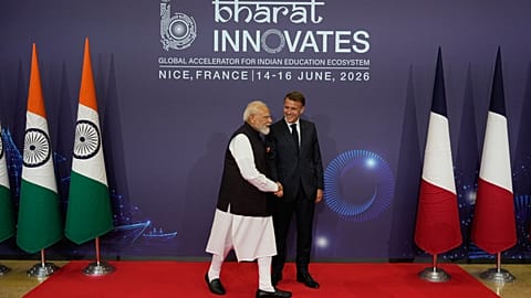 Emmanuel Macron and Narendra Modi at the “Bharat Innovates” trade fair.