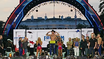 Diego Lopes participates in the ceremonial UFC Freedom 250 weigh-ins on the Ellipse, Saturday, June 13, 2026, in Washington, ahead of Sunday's fight.