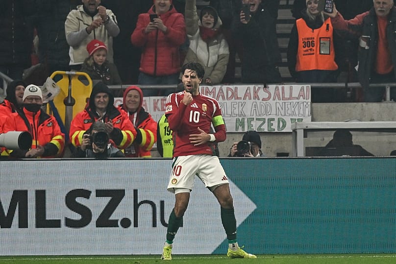 Szoboszlai Dominik miután 11-esből egyenlített a Magyarország – Németország (1-1) Nemzetek Ligája mérkőzésen a budapesti Puskás Arénában 2024. november 18-án