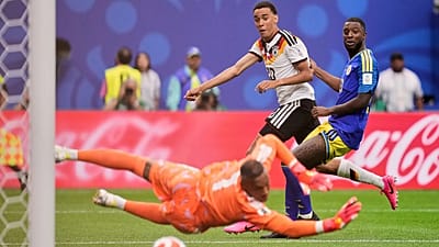 Germany's Jamal Musiala scores their fourth goal during the World Cup Group E soccer match between Germany and Curacao in Houston, Sunday, June 14, 2026. (AP Photo/Eric Gay)