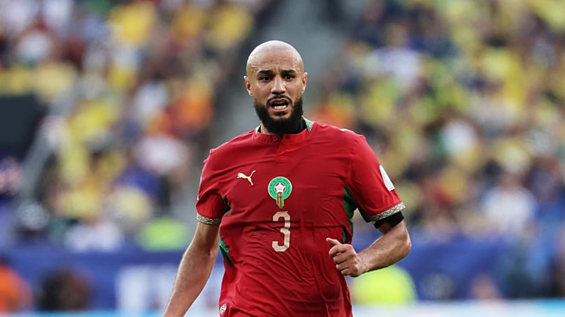 Morocco's Noussair Mazraoui (3) in action during the World Cup Group C soccer match between Brazil and Morocco in East Rutherford, N.J., near New York, Saturday, June 13, 2026