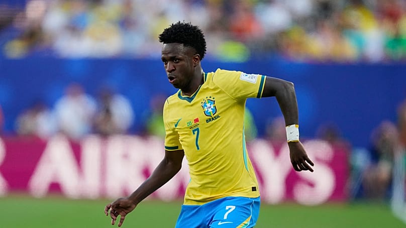 Brazil's Vinicius Junior controls the ball during the World Cup Group C match between Brazil and Morocco in East Rutherford, N.J., near New York, Saturday, June 13, 2026