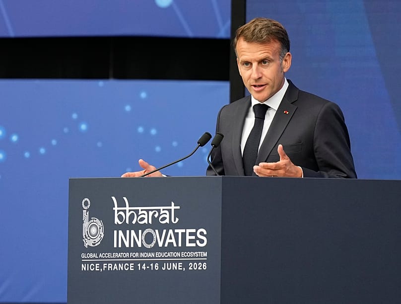 O presidente francês, Emmanuel Macron, discursa em Nice, 14 de junho de 2026