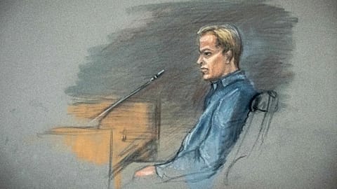 Desenho do tribunal mostra Marius Borg Høiby no banco das testemunhas durante o julgamento em Oslo, 5 de fevereiro de 2026