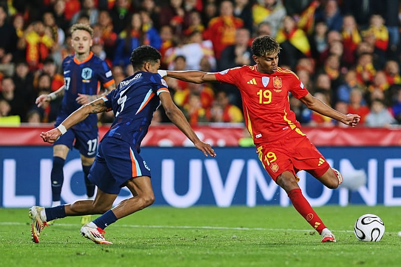 Next Ballon d'Or? Spain's Lamine Yamal, right, in action against the Netherlands in Valencia, 23/03/2025