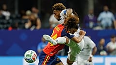 Sidny Lopes Cabral of Cape Verde pushes Spain’s Marcos Llorente during the World Cup match between Spain and Cape Verde, Monday 15 June 2026.