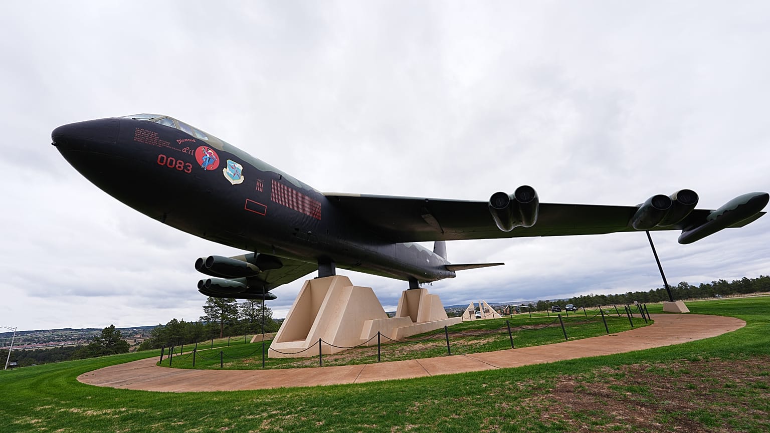 A B-52 Stratofortress bomber named "Diamond Lil" is displayed on the grounds of the United States Air Force Academy in Colorado..