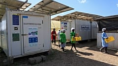 Workers carry fresh herbs from Soko Fresh solar-powered cold rooms at Citadel Agri Merchants in Kitengela, Kajiado County, Kenya