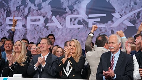 Gwynne Shotwell, President and COO of SpaceX celebrates with colleagues during the bell ringing for the IPO of SpaceX at the Nasdaq MarketSite in New York, 12 June 2026