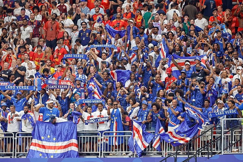 Cabo Verde fans celebrate a tie against Spain during the World Cup Group H football match in Atlanta, Monday, June 15, 2026