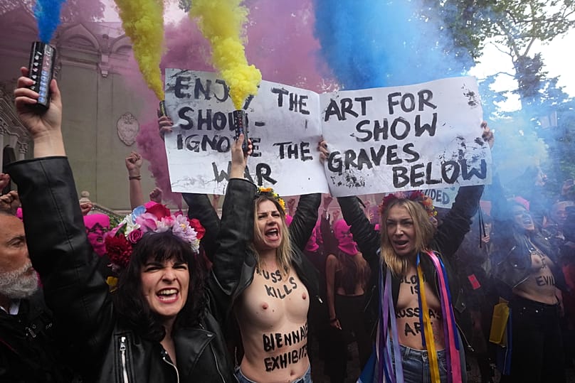 Pussy Riot and FEMEN activists stage a protest against Russia's presence at the 2026 Biennale in Venice, 6 May, 2026