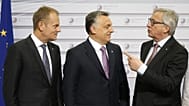 Politikai ellenfelek között: Orbán Viktor Donald Tusk és Jean-Claude Juncker szorításában 2015-ben