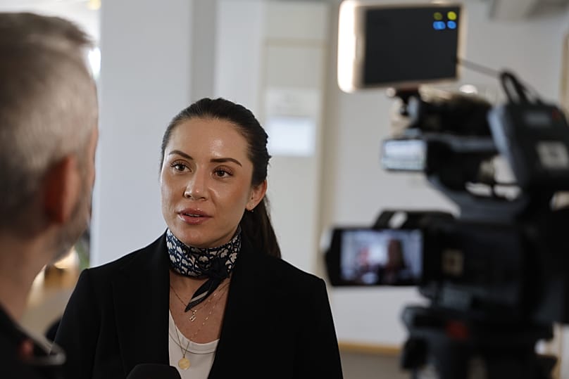 Defence lawyer Martina Michaelsdotter Olsson interviewd by journalists at the court in Harnosand, 10 April, 2026
