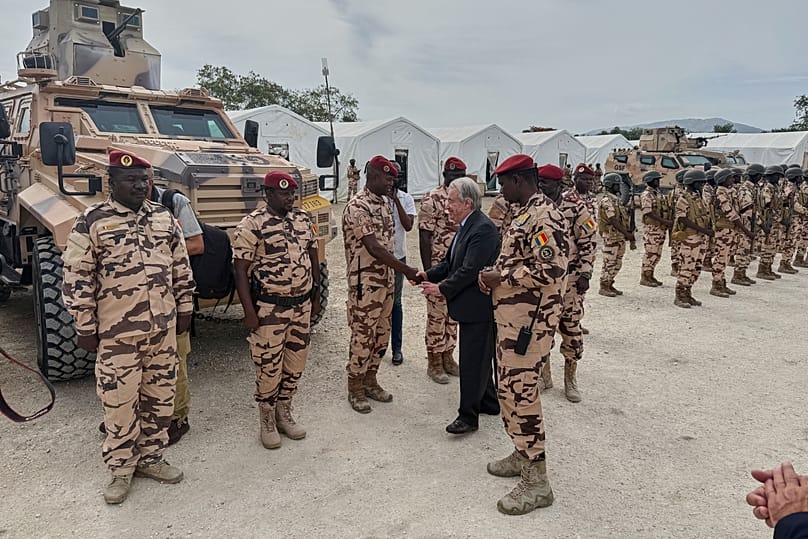 UN Secretary General António Guterres greets soldiers from Chad at a base in Port-au-Prince, 16 June, 2026