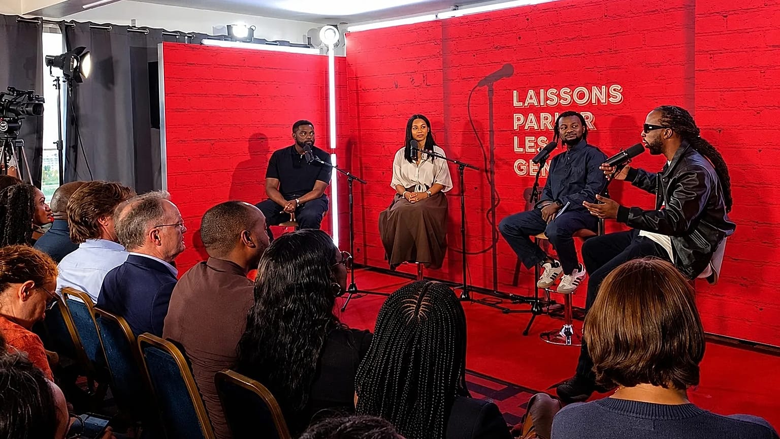 Laissons Parler Les Gens LIVE Podcast recording in Brussels, June 05, 2026. Sacko Camara (L), Vanessa Caixeiro, Clentelex (Centre) Youssoupha (R)