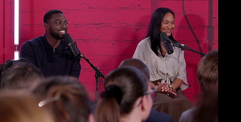 Belgian Congolese digital creator Vanessa Caixeiro, and Ivorian comedian Sacko Camara at the LIVE recording of 'Laissons Parler Les Gens' in L’Horloge du Sud, Brussels