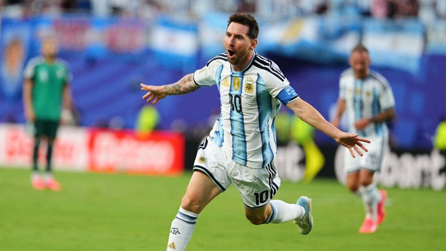 Argentina's Lionel Messi celebrates after scoring the opening goal during the World Cup Group J match against Algeria in Kansas City, Mo., Tuesday, June 16, 2026