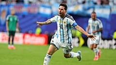 Argentina's Lionel Messi celebrates after scoring the opening goal during the World Cup Group J match against Algeria in Kansas City, Mo., Tuesday, June 16, 2026