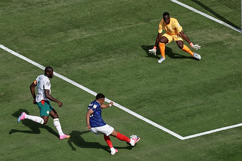 France's Kylian Mbappe scores their opening goal during the World Cup Group I match against Senegal in East Rutherford, N.J., near New York, Tuesday, June 16, 2026