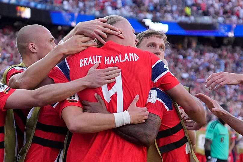 Norway's Erling Haaland celebrates with teammates after scoring his side's second goal during the World Cup Group I match against Iraq in Foxborough, Tuesday, June 16, 2026
