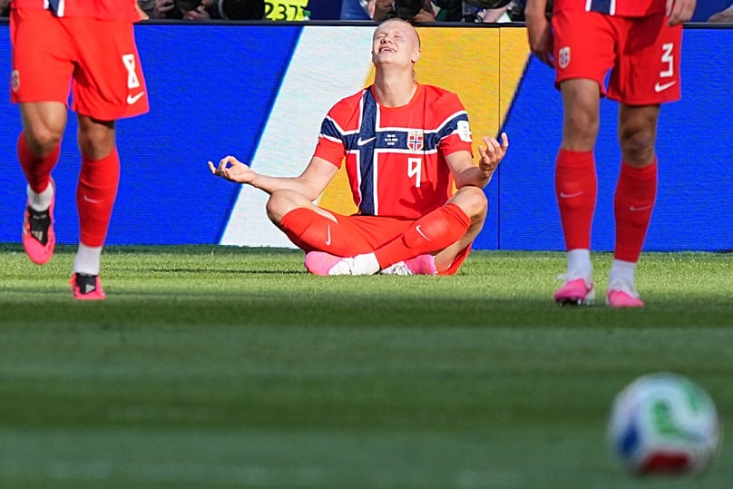 Norway's Erling Haaland celebrates scoring his side's opening goal during the World Cup Group I match against Iraq in Foxborough, Mass, near Boston, Tuesday, June 16, 2026