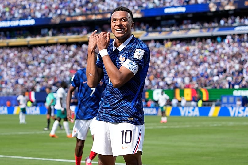 France's Kylian Mbappe celebrates after scoring the opening goal of his team during the World Cup Group I match Senegal in East Rutherford, NJ, Tuesday, June 16, 2026.