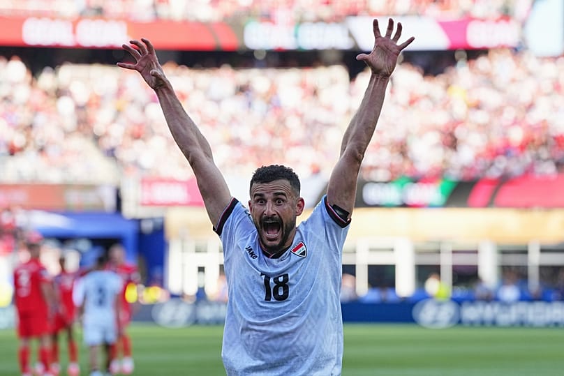 Iraq's Aymen Hussein celebrates scoring his side's first goal during the World Cup Group I match against Norway in Foxborough, Mass, near Boston, Tuesday, June 16, 2026