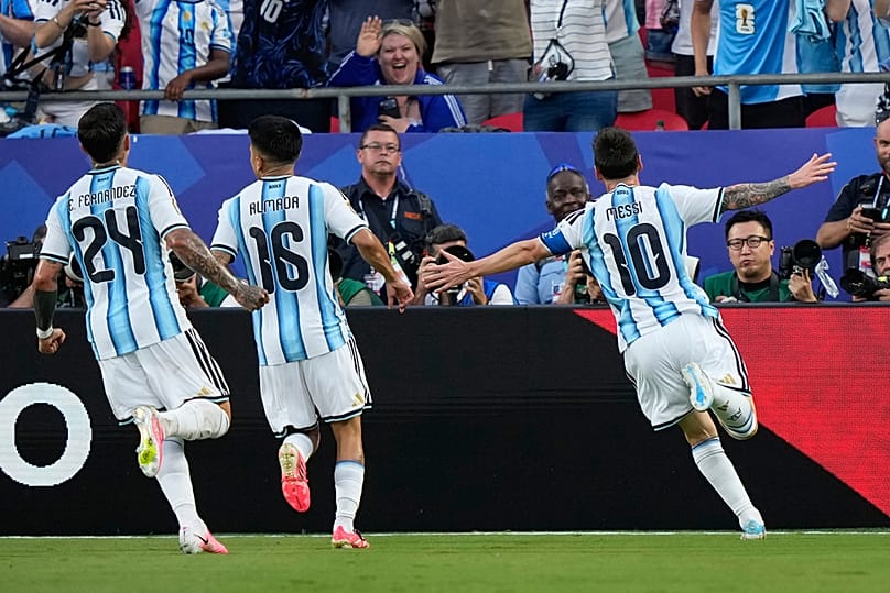 Argentina's Lionel Messi celebrates after scoring his team's first goal during the World Cup Group J match Algeria in Kansas City, Mo., Tuesday, June 16, 2026