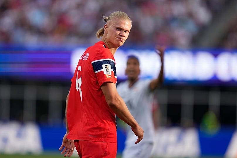Norway's Erling Haaland reacts during the World Cup Group I soccer match between Iraq and Norway in Foxborough, Mass., near Boston, Tuesday, June 16, 2026