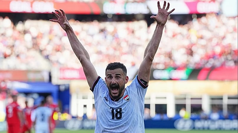 Aymen Hussein jubelt über den Anschlusstreffer für den Irak im WM-Spiel der Gruppe I gegen Norwegen in Foxborough, Massachusetts, nahe Boston, Dienstag, 16. Juni 2026