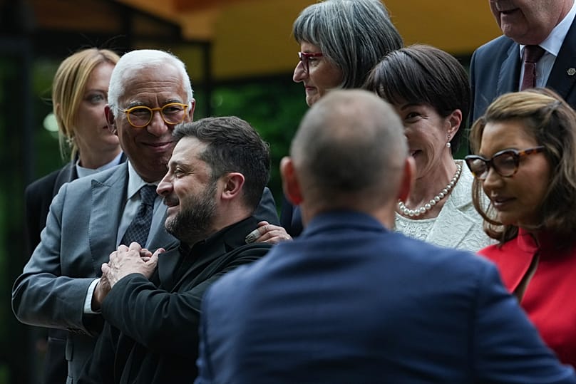 European Council President Antonio Costa greets Volodymyr Zelenskyy before a group photo at the G7 summit, June 16, 2026, in Evian-les-Bains, France