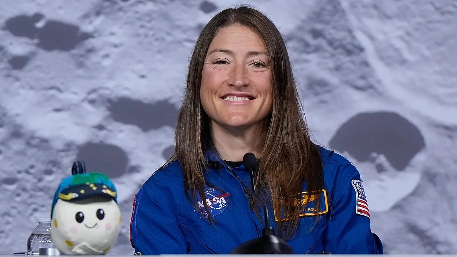 NASA astronaut Christina Koch during a press conference in Houston,16 April, 2026