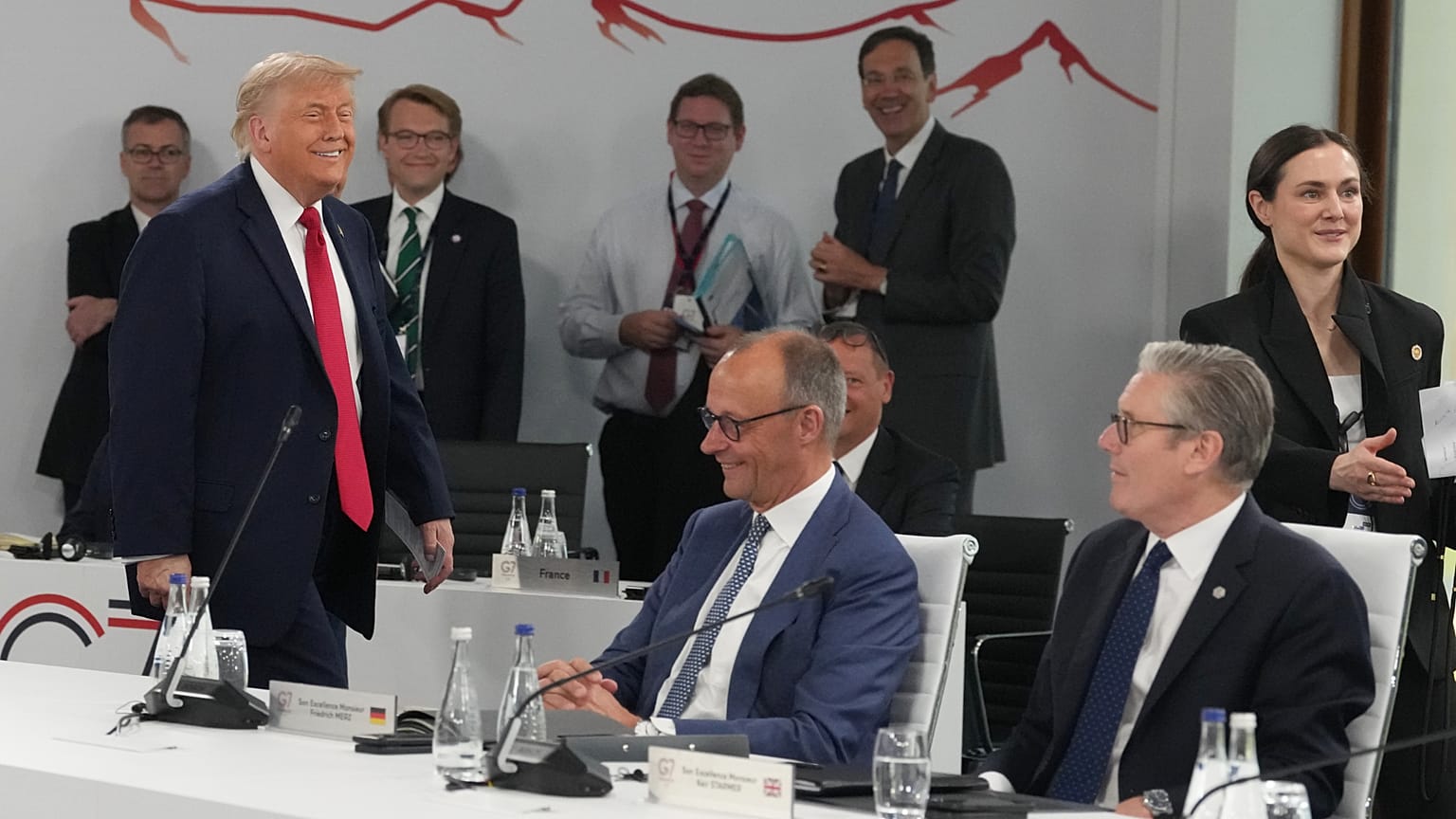 From left, U.S. President Donald Trump, German Chancellor Friedrich Merz and British Prime Minister Keir Starmer during a working session at the G7 summit in Evian-les-Bains, 
