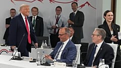 From left, U.S. President Donald Trump, German Chancellor Friedrich Merz and British Prime Minister Keir Starmer during a working session at the G7 summit in Evian-les-Bains, 