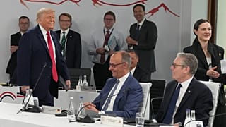 From left, U.S. President Donald Trump, German Chancellor Friedrich Merz and British Prime Minister Keir Starmer during a working session at the G7 summit in Evian-les-Bains, 
