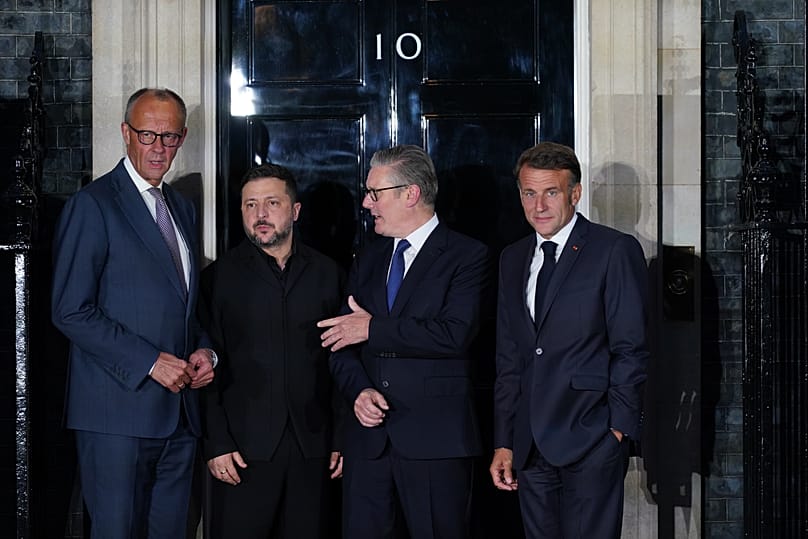Friedrich Merz, Volodymyr Zelenskyy, Keir Starmer and Emmanuel Macron on the doorstep of 10 Downing Street in London, 7 June, 2026