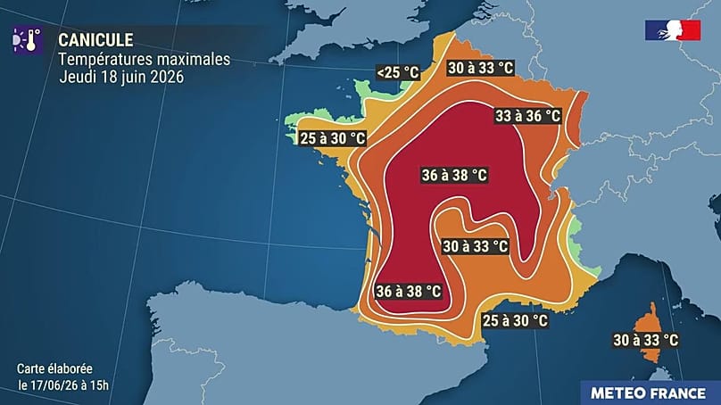 Les températures maximales jeudi 18 juin 2026.