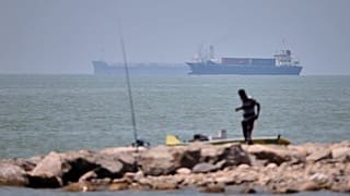 A man stands beside a fishing pole along the shore as cargo ships and commercial vessels are seen in the Strait of Hormuz off Bandar Abbas, Iran.