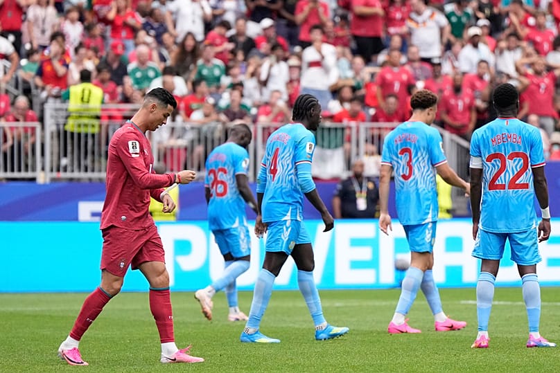 A portugál Cristiano Ronaldo bosszankodik egy kihagyott helyzet után a Portugália–Kongó világbajnoki K csoportmérkőzésen Houstonban, 2026. június 17-én, szerdán