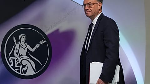 FILE. Bank of England Governor Andrew Bailey arrives for the Monetary Policy Report Press Conference at the Bank of England in London, 30 April 2026