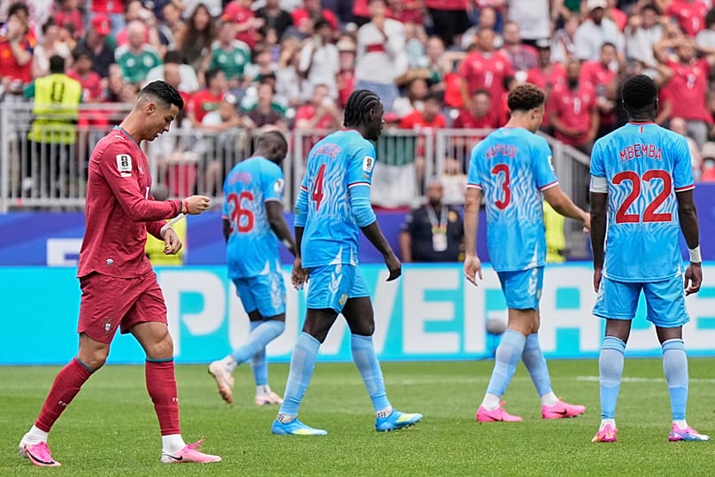 Portugal's Cristiano Ronaldo, left, reacts after failing to score during the World Cup Group K soccer match between Portugal and Congo in Houston, Wednesday, June 17, 2026. 