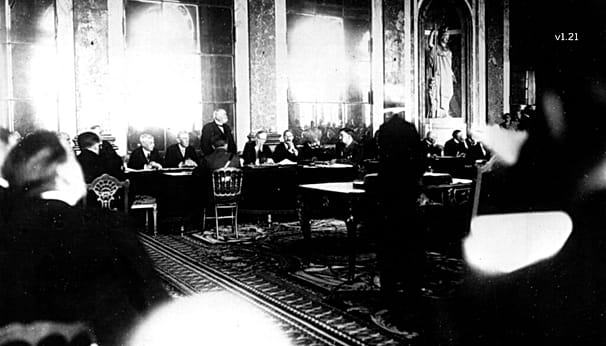 Allied leaders gather at the Palace of Versailles for the signing of the peace Treaty of Versailles in France on June 28, 1919.